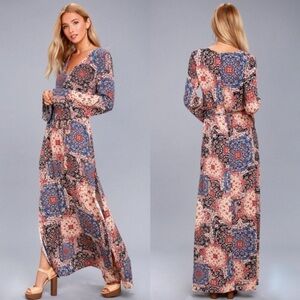NWT LULUS / Mosaic Marvel Rust Orange Print Long Sleeve Maxi Dress Size XL